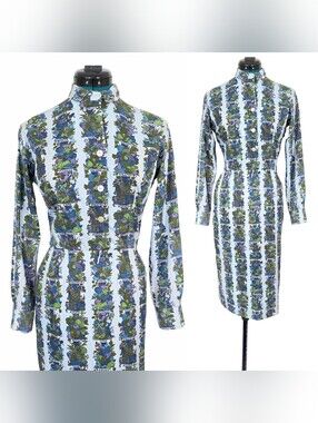 1950s Vintage Dress 50s Wiggle Cocktail Novelty Vegetable Garden XS Small Blue